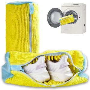 3 x 2Pcs Reusable Shoe Cleaning Bag, Yellow Mesh, Polyester, Laundry Bags, Zipper Closure, XX-Large, Modern, Hangable, Scratch Resistant, 2 Count