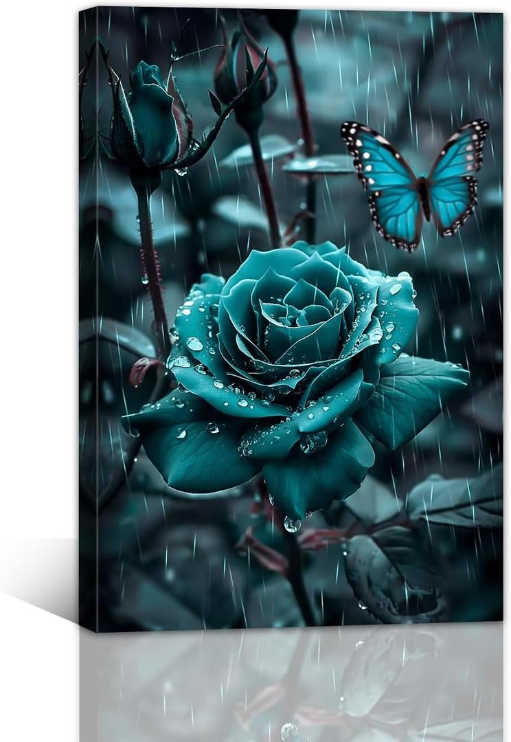 Rose Wall Art Framed Teal Rose Painting Turquoise Blue Flower Prints Butterfly Picture for Kitchen Decor (Floral - 2,16x24 inch, 40x60cm)