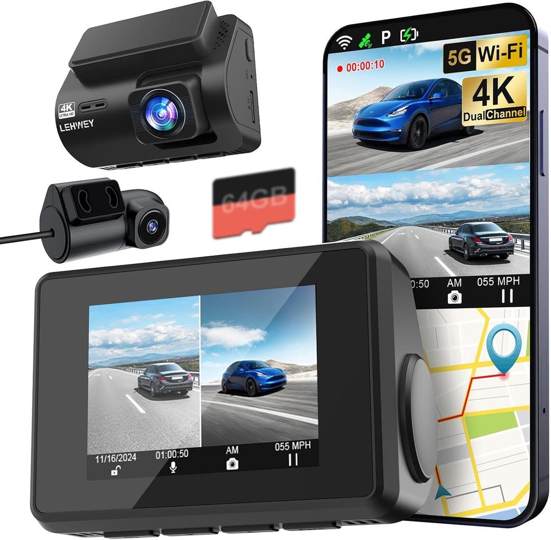 Dash Cam Front and Rear 4K Dash Camera for Cars Dashcam with WiFi GPS 64GB Card Car Camera Night Vision G-Sensor Parking Mode Loop Recording