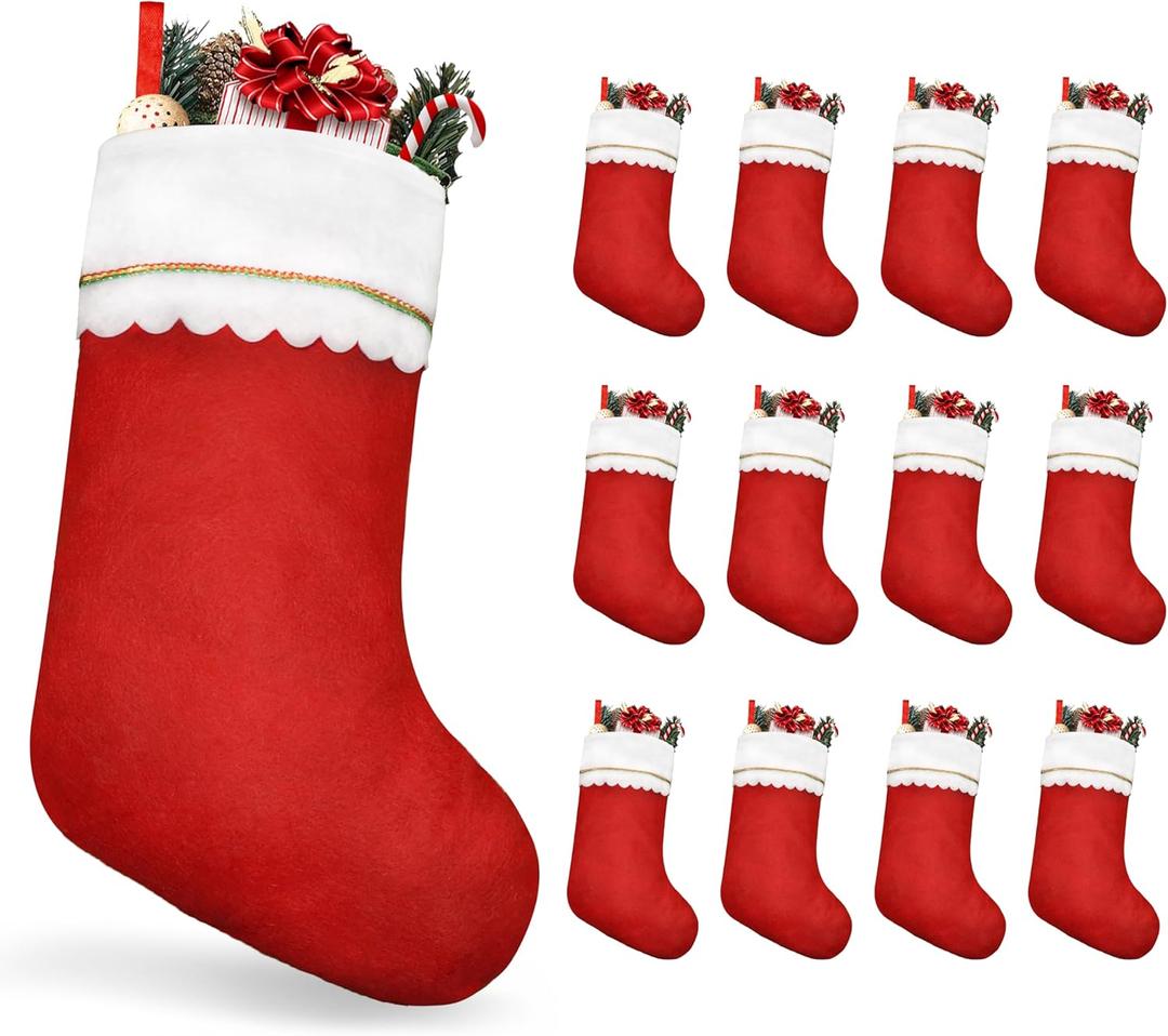 12pcs Christmas Stockings, 19 Red and White Christmas Stockings, Traditional Bulk Christmas Stockings with Gold Trim for Xmas Fireplace Staircase Decoration (12pack)