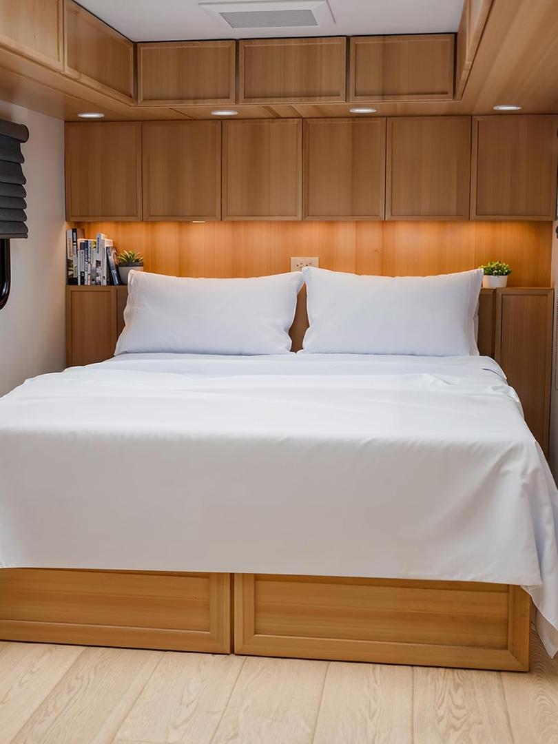 RV Short Queen Sheet Set 60 X 75 - 4 Piece RV Short Queen Bed Sheets - Soft, Breathable and Cooling - Designed for Bunks, Trailers & Campers - Fits 8 to 10" Mattress - Comfy Luxury Bedding - White (Short Queen RV)