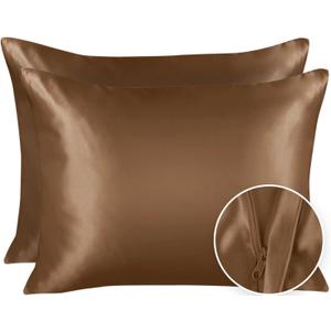 Luxury Satin Pillowcase for Hair  Standard Satin Pillowcase with Zipper, Camel (Pillowcase Set of 2)