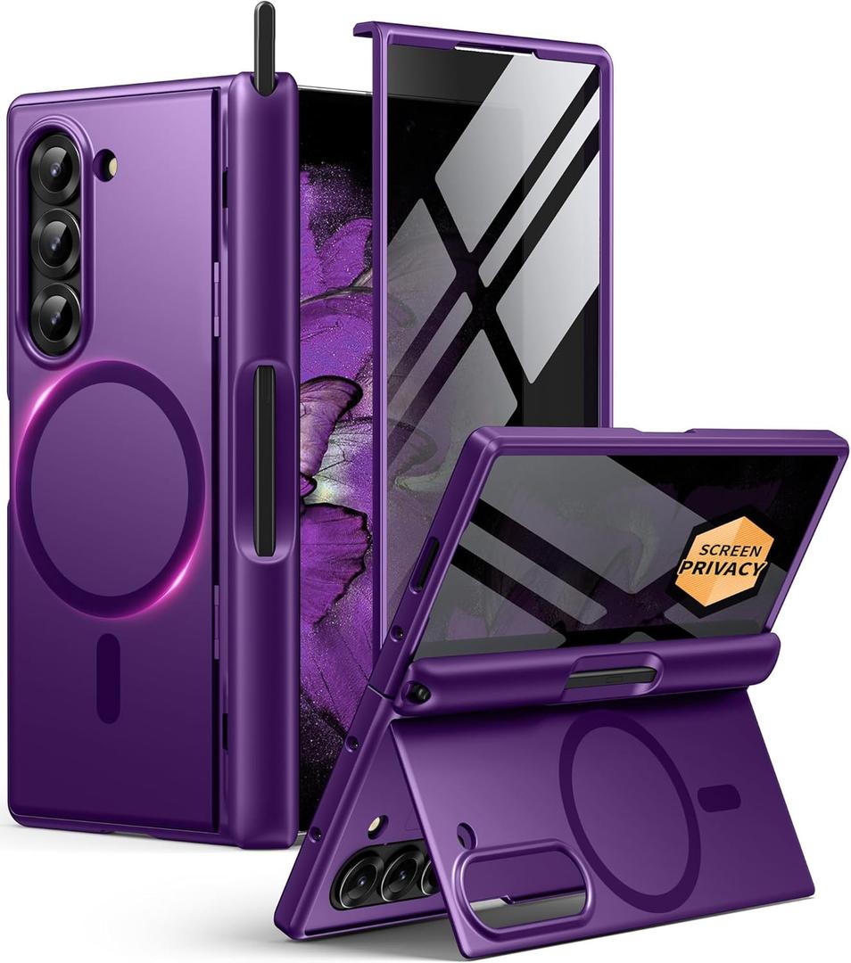 BERFY for Z Fold 6 Case Compatible with MagSafe, Privacy Screen Protector, Built-in Kickstand & S Pen Slot & Hinge Protection, Full Body Shockproof Phone Case for Samsung Galaxy Z Fold 6, Purple