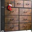 WLIVE 9-Drawer Dresser, Fabric Storage Tower for Bedroom, Hallway, Entryway, Closet, Tall Chest Organizer Unit with Fabric Bins, Steel Frame, Wood Top, Easy Pull Handle, Rustic Brown Wood Grain Print