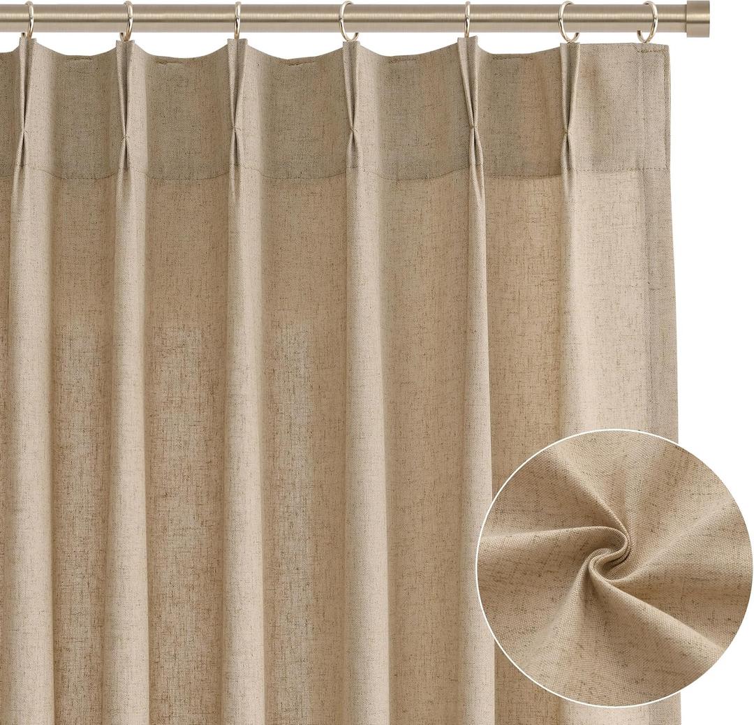 Joywell Semi Sheer Linen Pinch Pleated Window Curtains 2 Panels Back Tab Light Filtering Elegant Linen Drapes with Hooks for Bedroom Living Room Decor 40x84 Tan