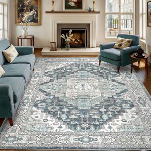 9x12 Vintage Washable Area Rug for Living Room,Low Pile Non Slip Carpet Non-Shedding Large Area Rug Soft Indoor Stain Resistant Rug Boho Print Mat for Bedroom Dining Room Blue Beige Multi