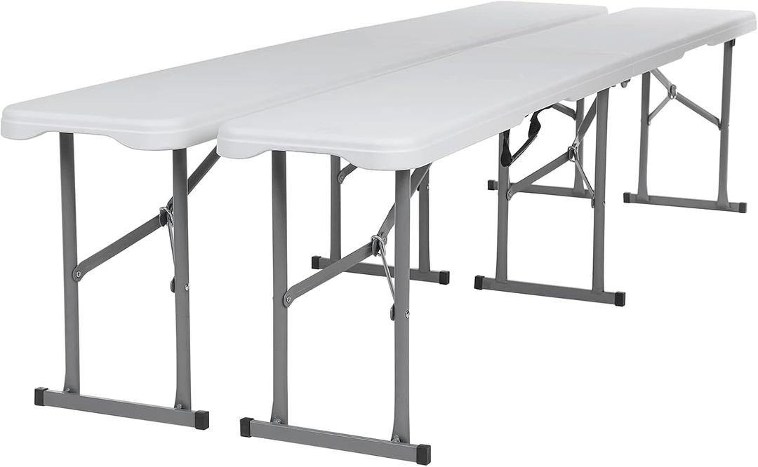 HLPB Folding Bench 6 ft, Foldable Plastic Bench with Handle and Smooth HDPE Tabletop, Portable in/Outdoor Picnic Party Camping Dining Seat, 2 Pack, White