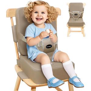 Toddler Booster Seat for Kitchen Chair with Removable Backrest & Adjustable Straps, PU Portable Waterproof & Non-Slip Booster Seat for Dining Table, Travel Child Eating Cushion - Dark Coffee