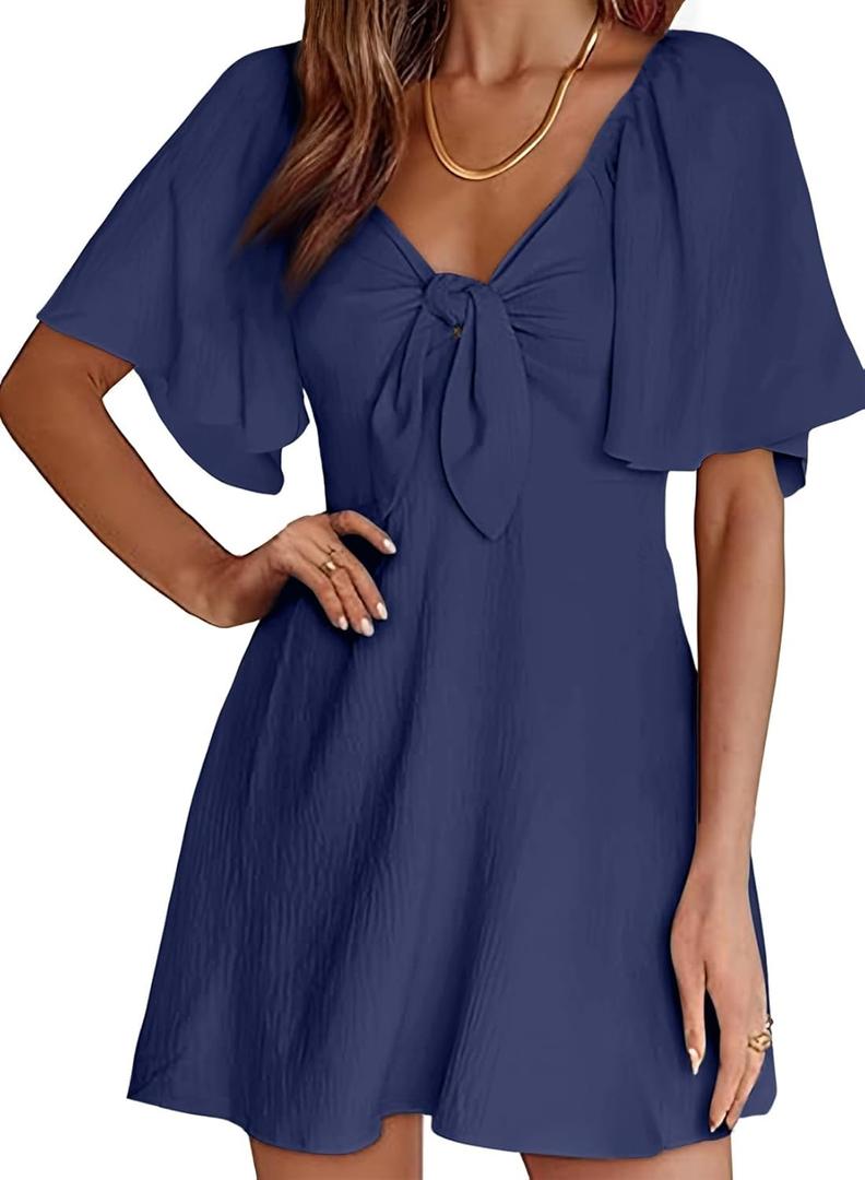 Dokotoo Navy Blue Women's Dresses Cute Spring Dresses for Women 2024 Casual Sexy Deep V Neck Ruffle Elegant Flowy Mini Short Skirt Dress (Blue, Medium)