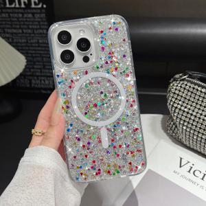 UEEBAI Glitter Case Magnetic for iPhone 15 Pro Max Case, Luxury Shiny Bling Sparkly Phone Cover Compatible with MagSafe, Wireless Charge Crystal Diamonds Shiny Cover for Women - Clear