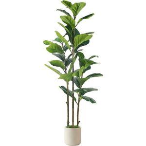 Alupssuc 5FT Artificial Fiddle Leaf Fig Tree with White Planter Pot, 5 feet Tall Fake Tree for Home Decor, Faux Ficus Tree Fake Moss for Indoor Outdoor Office Living Room