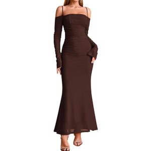 EYNMIN Women's Fall Wedding Guest Dresses Long Sleeve Spaghetti Strap Mesh Ruched Bodycon Maxi Formal Dress (Brown, M)