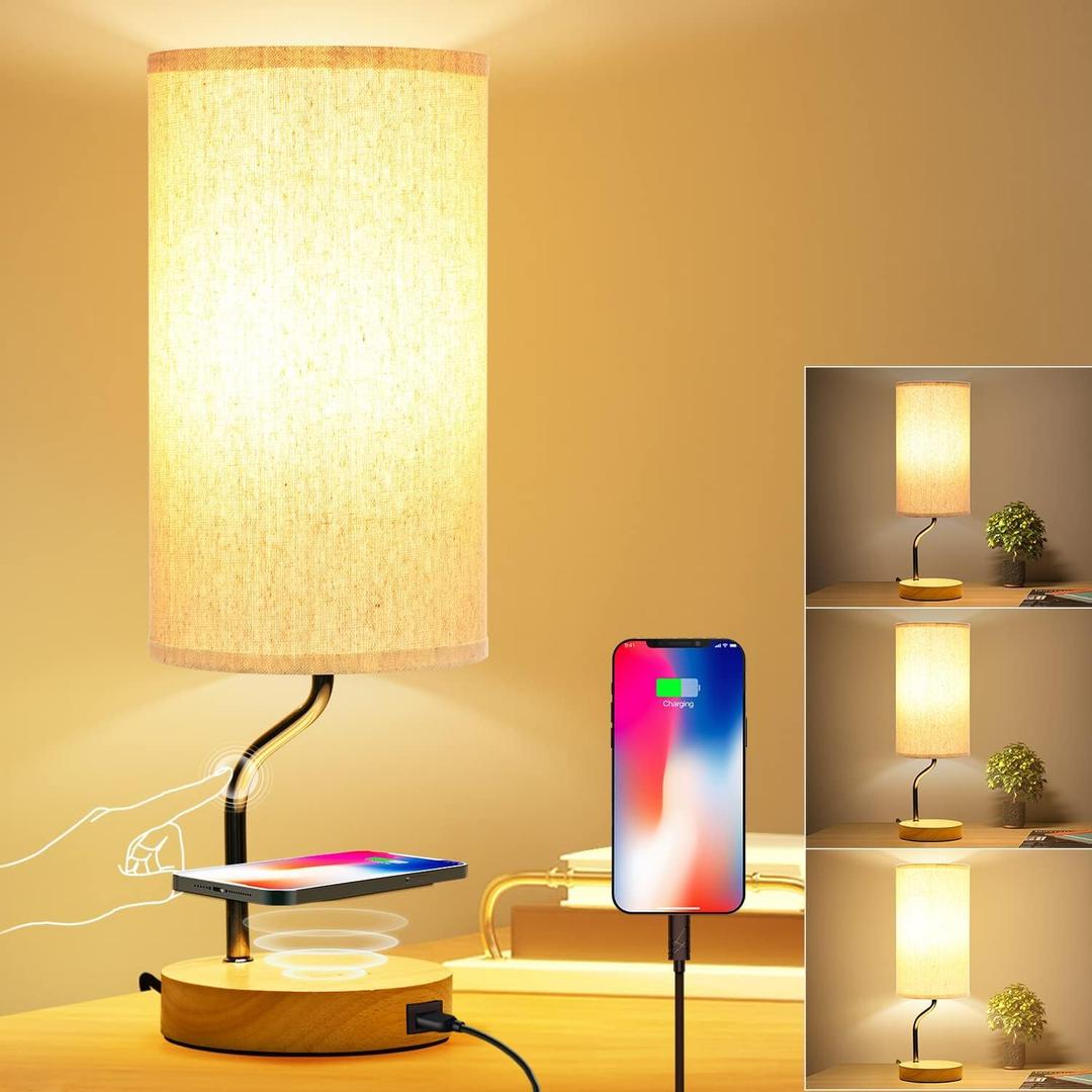 Upgraded Smart Bedside Table Lamp with Wireless Charger & USB Port - Touch Control LED Desk Lamp for Bedroom, Dimmable Wooden Nightstand Lamp with Fabric Shade for Home Living Room, Kid's Room Cream