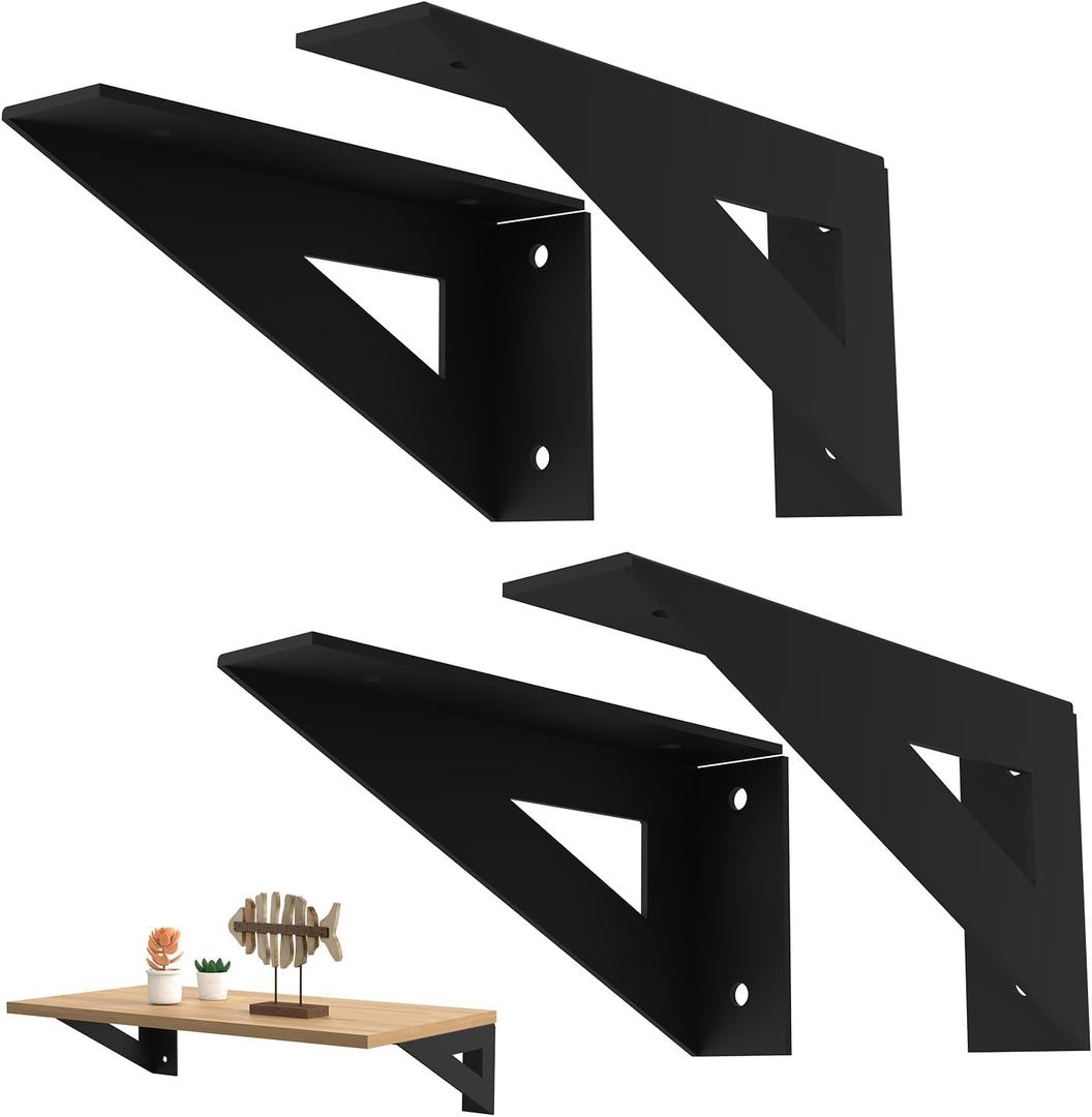 Shelf Brackets 6 x 3 Inch, 4 Pack Solid Floating Shelf Bracket Reversible, Sturdy Matte Black Shelf Brackets, Heavy Duty Shelf Mounting Brackets for DIY Wall Shelves