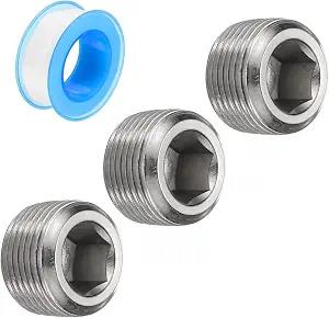 uxcell 3/4"NPT Internal Hex Thread Socket Pipe Plug Stainless Steel with PTFE Tape Male Thread Pipe Cap Silver 3PCS