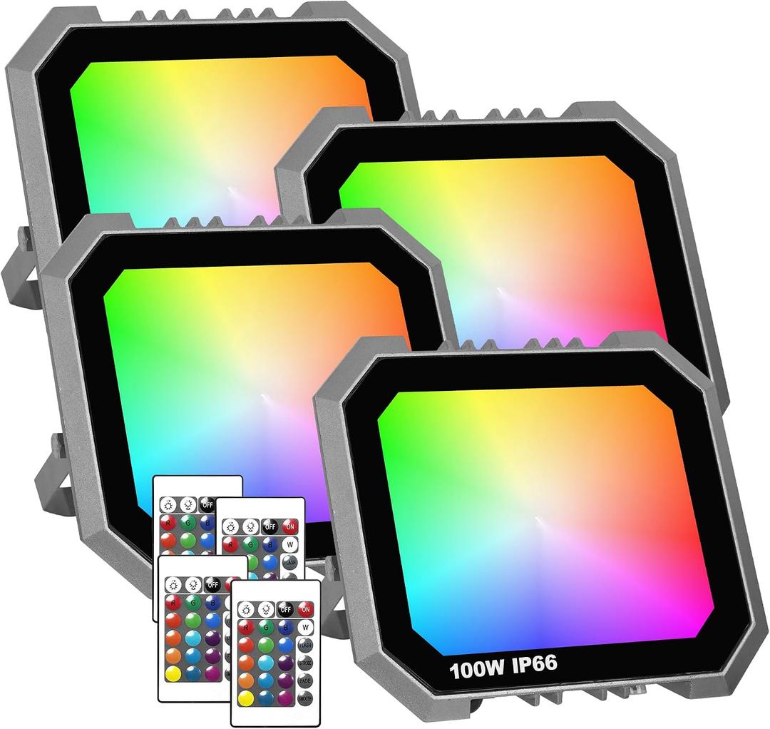 Leddictive 4 Pack RGB LED Flood Light 100W, 1000W Equivalent 10000 LM Outdoor Landscape Flood Lights with 4 Remote, IP66 Waterproof Outdoor Light for Christmas Party Stage Uplight Wall Wash