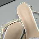 Coutgo Womens Pearl Kitten Heels Closed Pointed Toe Wedding Bride Dress Shoes Ankle Strap Satin Pumps, White, Size 6.5
