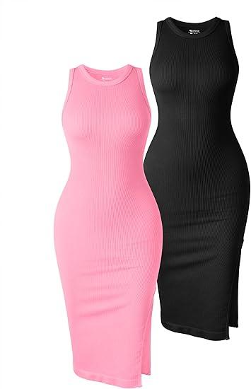 Women's 2 Piece Dress Sexy Ribbed Halter Neck Fashion Split Tank Tops Dresses L