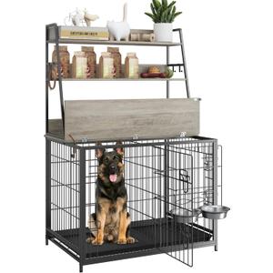 57 Inch Dog Crate Furniture with Storage - Large Dog Cage with Double Door,Dog House Kennel Indoor with Two 7" Dog Bowls,37.4"24.4"57.1",Grey