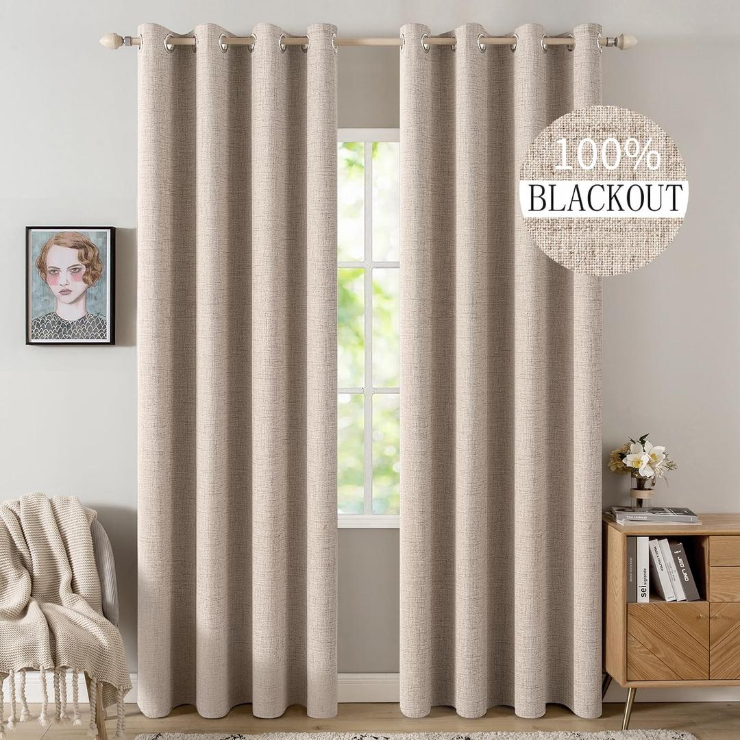 MIULEE 100% Blackout Linen Textured Curtains for Bedroom Solid Thermal Insulated Natural Beige Grommet Room Darkening Curtains & Drapes Luxury Decor for Living Room 52 x 96 Inch (2 Panels)