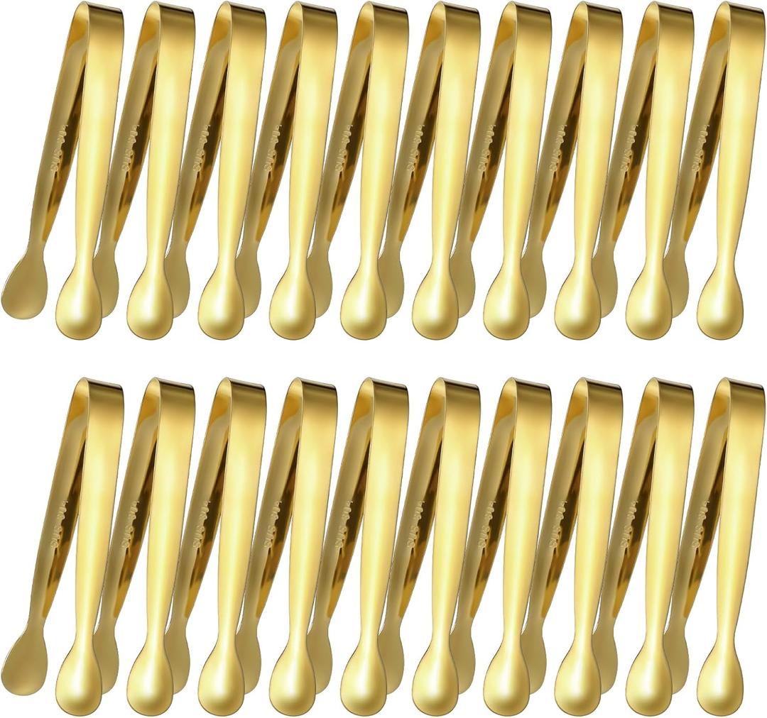20 Pcs Small Gold Serving Tongs Stainless Steel Mini Appetizers Grabbers Metal Buffet Food Tong Versatile Kitchen Utensils for Parties Coffee Bar Salad Fruit Candy Tacos Charcuterie Sugar