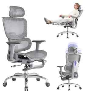 Office Chair with Footrest, Ergonomic Chair with 3D Headrest, Computer Chair with Adjustable Backrest & 3D Armrest, Gaming Chair with Adaptive Lumbar Support, Mesh Backrest & Cushion, Grey