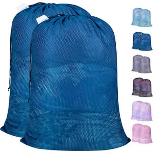 Polecasa Extra Heavy Duty Large Diamond Mesh Laundry Bags with Drawstring Closure & ID Tag, 2 Pack 24 x 36 inches Washable Storage Bag for College, Travel, Sports, Dorms, Blue