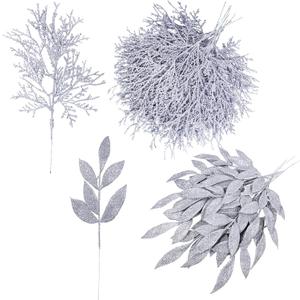 Winlyn 30 Pcs Christmas Artificial Leaf Sprays Cedar Picks Silver Glittered Christmas Tree Ornaments Winter Floral Stems for Sliver Christmas Tree Wreaths Centerpieces Holiday Wedding Decoration