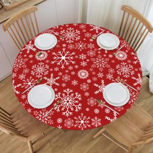 Christmas Winter Snowflakes Tablecloth with Elastic Edge, Round Table Cover Washable Reusable Xmas Red Table Cloths for Kitchen Dining Party, Medium (Fits 45-50 in)