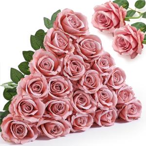 Alecono  Fake Roses, 4in   Flower Head Dusty Pink Artificial Flowers with Stems for Wedding Decorations, Silk Roses Bulk for DIY Home Party Decor