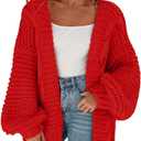 Cicy Bell Women's Open Front Chunky Knit Cardigan Loose Lantern Sleeve Oversized Sweater Coats (Red, Small)