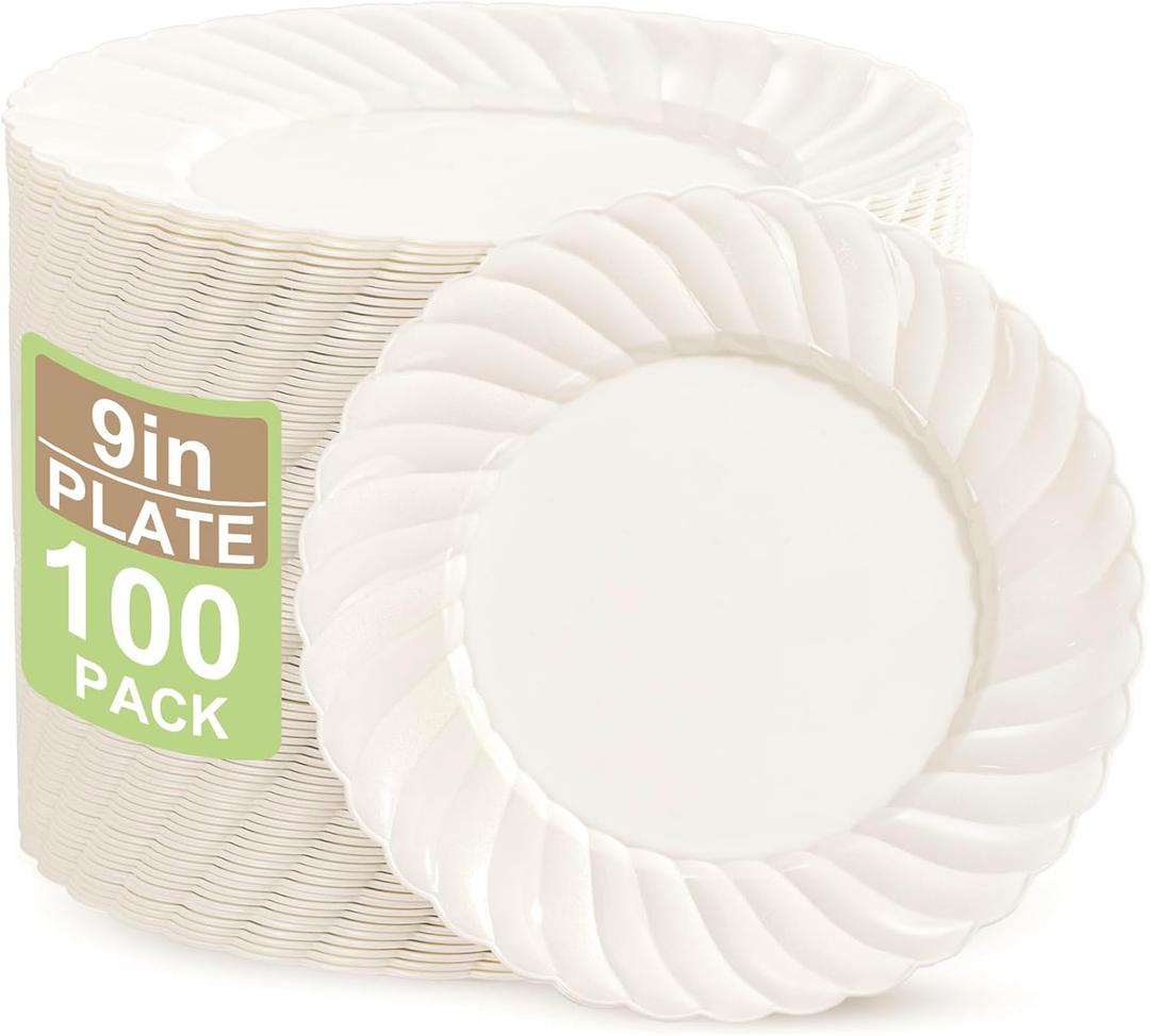 U-QE 100 Count 9 Inch Ivory Plastic Plates for Thanksgiving - Scalloped Disposable Thanksgiving Dinner Plates - Premium Hard Fancy Disposable Heavy Duty Party Supplies for Celebrations, and Events U-QE 100 Count 9 Inch Ivory Plastic Plates for Thanksgiving - Scalloped Disposable Thanksgiving Dinner Plates - Premium Hard Fancy Disposable Heavy Duty Party Supplies for Celebrations, and Events