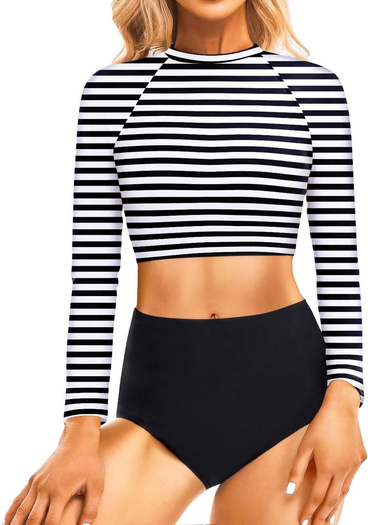 Pinup Fashion Long Sleeve Rash Guard - 2 Piece Swimsuit Bathing Suits with Bottom Swim Top UV UPF 50+ (Small, Stripe)