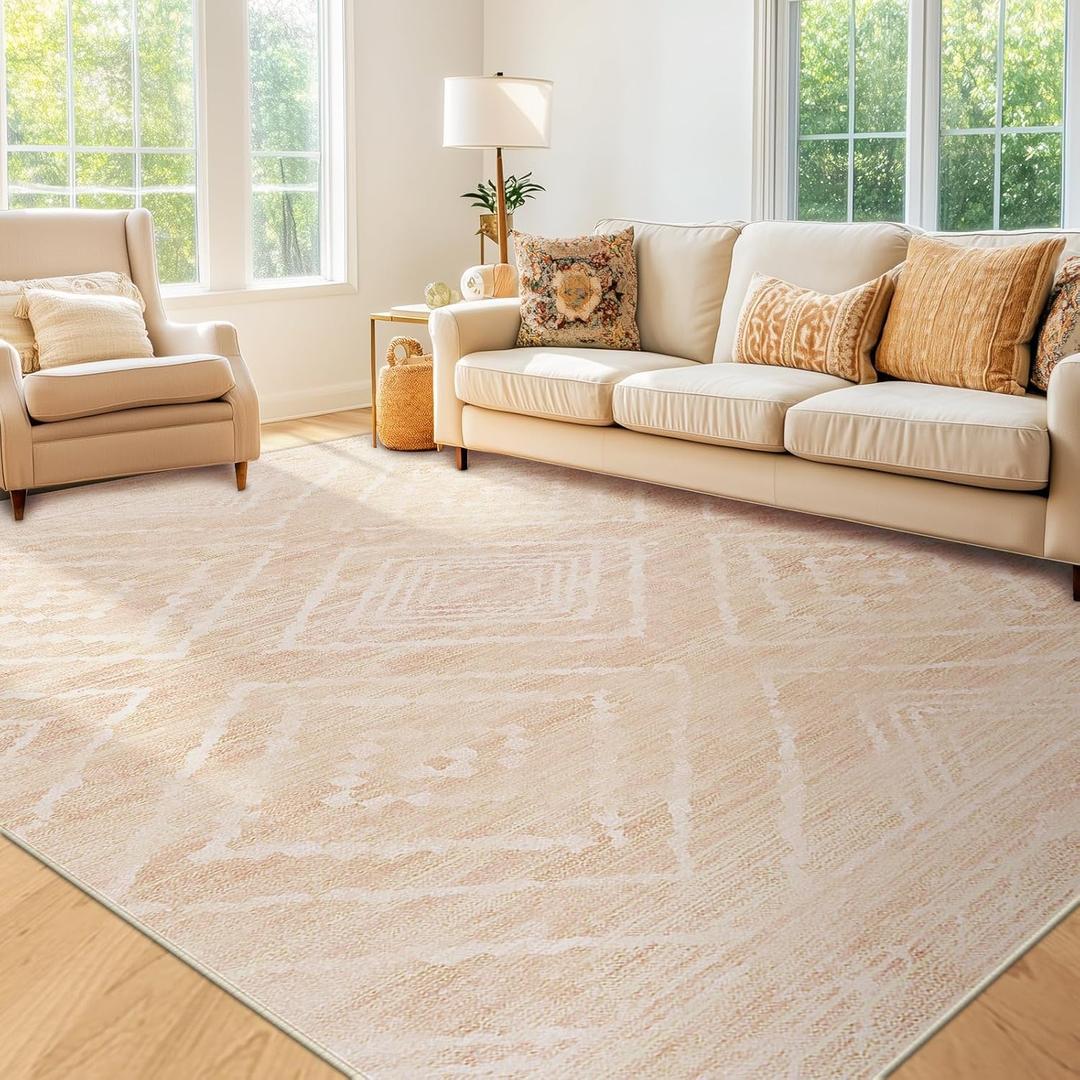 Area Rug 5x7 Rug Machine Washable Non-Slip Low Pile Print Pattern Western Rug for Living Room Bedroom Entryway Tribal Series -Light Camel/Cream/Pink