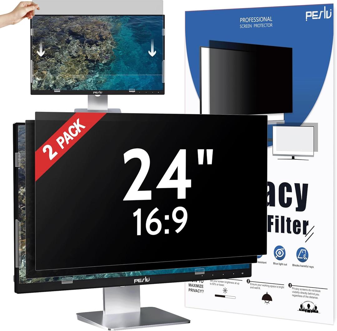 Peslv [2-Pack] 24 Inch Privacy Screen for Computer Monitor 16:9 Aspect Ratio, Eye Protection Anti Blue Light Glare Shield, 24inch Removable Black Blackout Anti Spy Desktop Security Private Filter