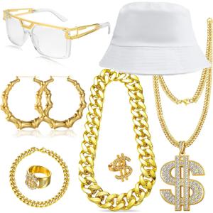 80 90s Accessories Outfit for Woman Hip Hop Costume Kit Old School Rapper Gold Chain Necklaec Big Hoops Jewelry
