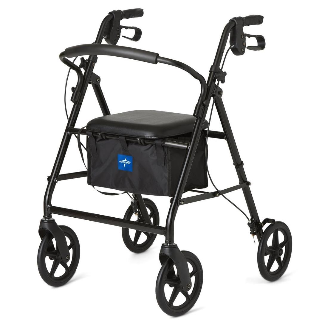Medline Lightweight Aluminum Rollator Walker for Adult Mobility Impairment, Black, 300 lb. Weight Capacity, 8" Wheels, Foldable, Adjustable Handles, Walker for Seniors