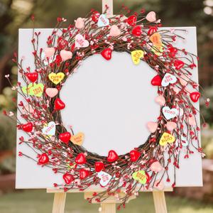 20inch Valentine's Day Wreath - Artificial Pink Wreath with Colorful Love Heart and Berries,Valentines Wreaths Decorations for Front Door Wedding Anniversary Party Candlelight Dinner Decorations