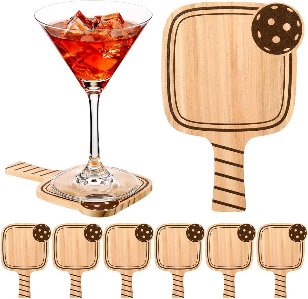 Hushee 6 Pcs Wooden Dinkball Drink Coasters Funny Coasters Set Paddle Shape with Handle Gifts for Women Men Sports Lovers Fans Home Office Bar Party Favors Decorations Accessories (Wood)