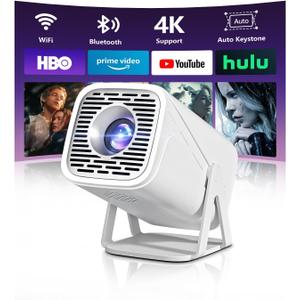 Mini Projector with WiFi and Bluetooth, 4k Support Full Hd 1080P Portable Outdoor Movie Projector with Android System & Built-in Apps, Smart Projector for Bedroom, Phone and Movie Night