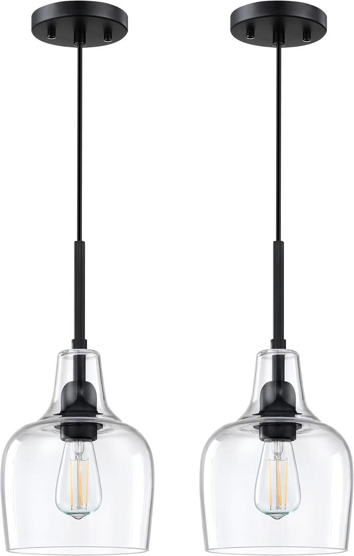 Hanging Indoor Pendant Ceiling Light Modern Farmhouse Kitchen Island 6.1" Clear Glass Fixture for Dinning Over Sink Bedside(2 Pack Black)