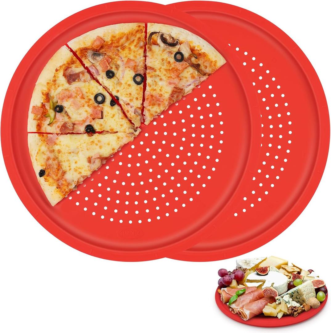 LYNG Pizza Pans 16 Inch 2 Pack Silicone Round Pizza Pan With Holes,Nonstick Pizza Tray, Dishwasher Safe, Suitable For Home Kitchen Dark Baking Red (16" 2 PCS)