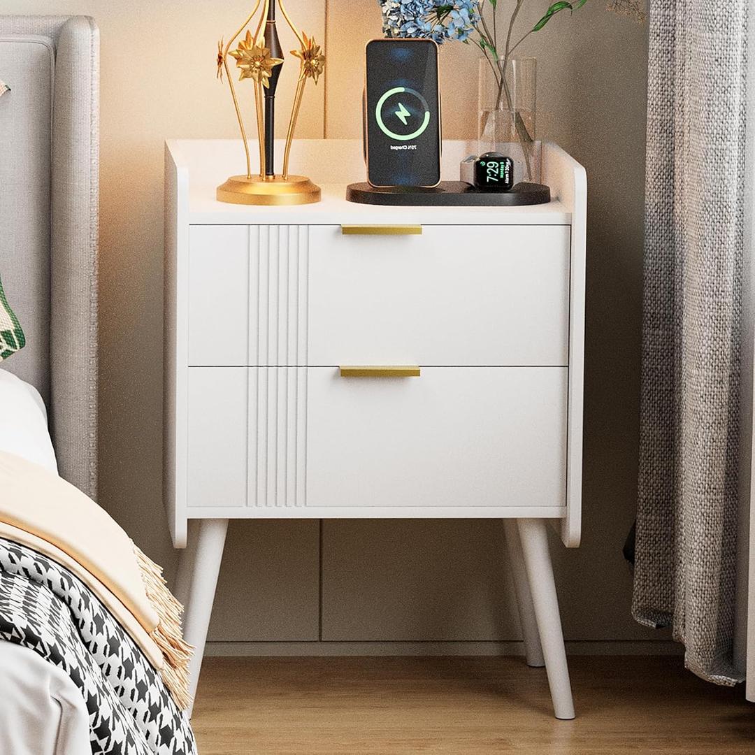 Aenuert White Nightstand Modern Bedside Table with 2 Storage Drawer, Small Night Stand, Wooden Sofa Side Table for Bedroom,Study Room and Small Spaces