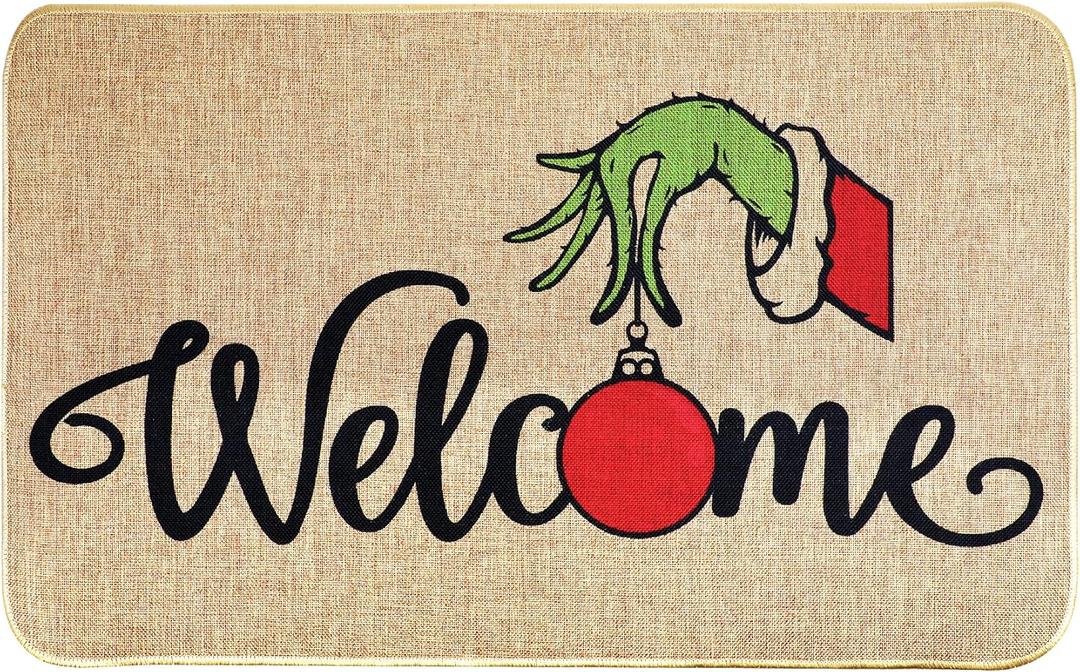 Erweicet Christmas Door Mat Xmas Welcome Christmas Mat Non-Slip and Washable Winter Doormat Rubber Back Snowflakes Door Mat Rugs for Indoor Outdoor(Green Hand Pattern)