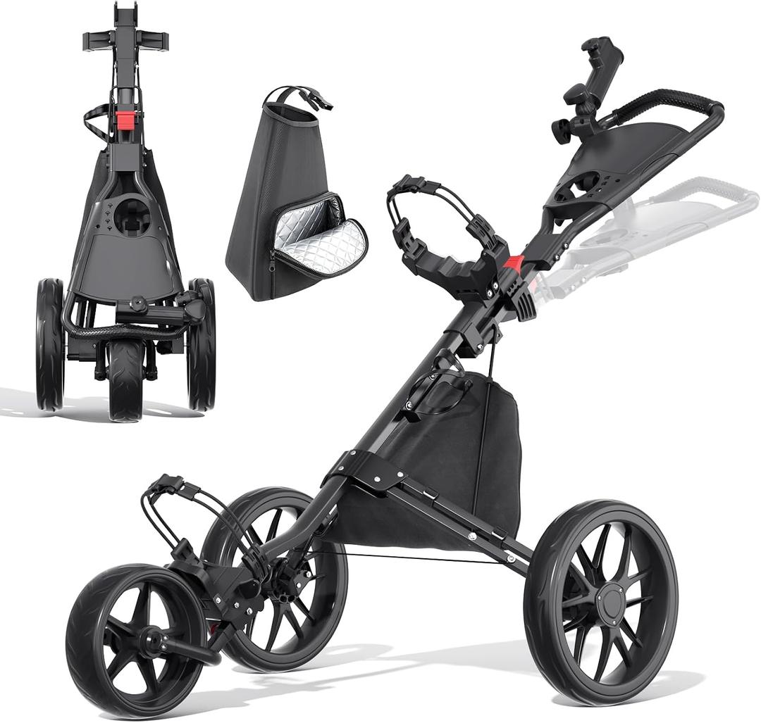 Golf Push Cart 3 Wheel with Brake, Cooler Bag, Cup/Umbrella Holder