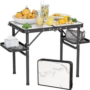 Titanker Folding Camping Table Small 2ft, Small Camp Table Portable with 50% Extra Space, Folding Picnic Table, Portable Beach Tables, Car Camping Essentials, Aluminum Light Solid (Small 24.4"L x 16.3"W x 20.9"H, White Marble Top & Black Frame)