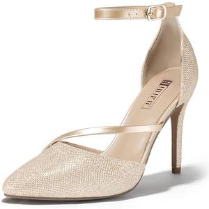 IDIFU Gold Heels Closed Toe Women's Pumps Stiletto High Heels Dress Shoes for Women Wedding Prom Dressy Party Shoes Fashion Sparkly Strappy Pointed Toe Ankle Strap Heels Pumps(Gold Glitter, 11)