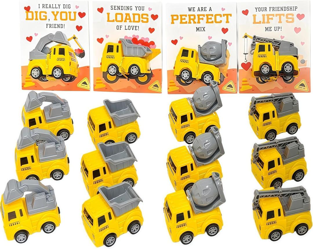 Valentines Day Gifts for Kids with Cards - 24PCS Construction Vehicles Toys Card Bulk - Kids School Party Favor, Classroom Exchange Prizes, Boys Girls Age 3+