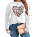OYOANGLE Women's Plus Size Sequin Shiny Heart Print Long Sleeve Shirts Crew Neck Tops Sparkly Party T-Shirt White X-Large Plus