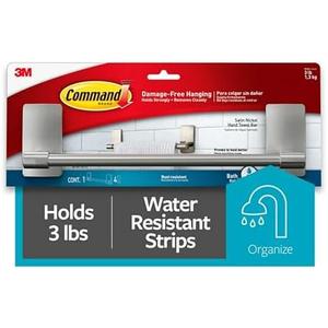 Command Hand Towel Bar Satin Nickel with 4 Water Resistant Command Strips, 9" Hand Towel Holder, Holds up to 3 lb, Great for Bathroom Décor on the Wall, Inside the Cabinet, or in the Shower